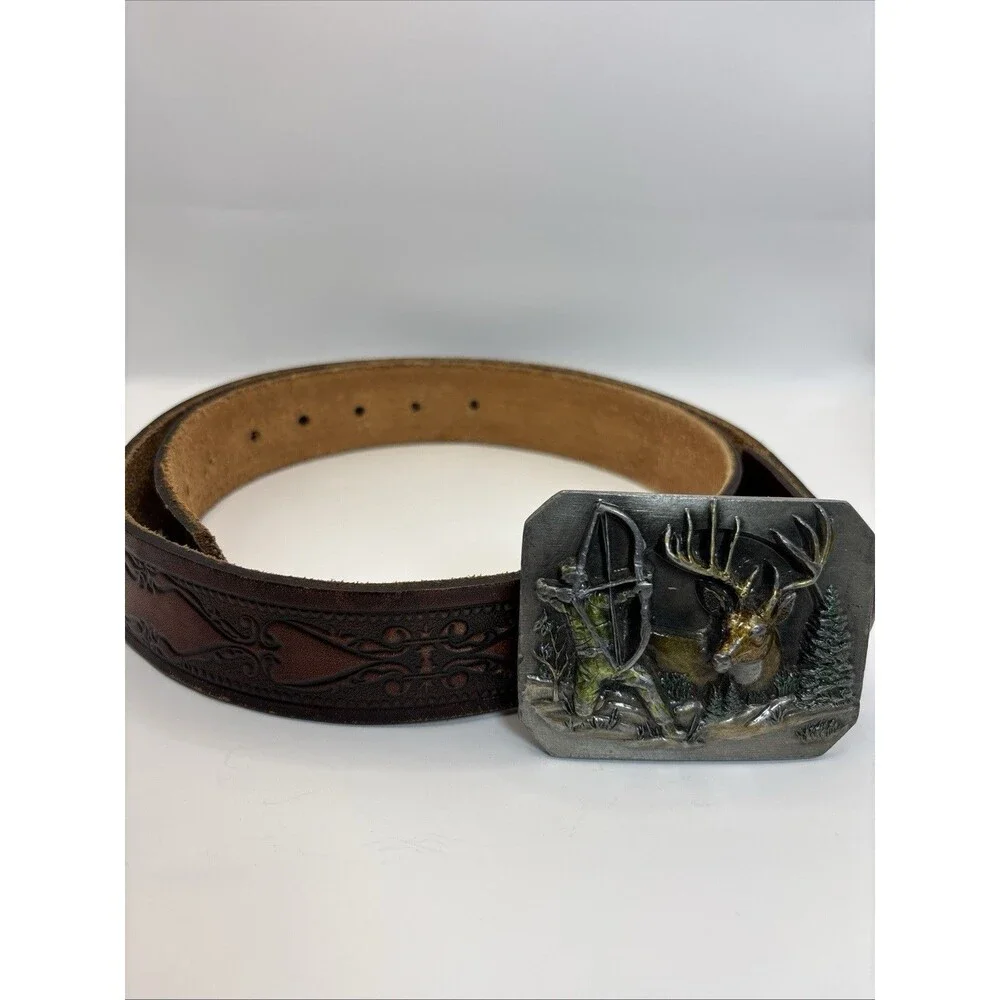 Vintage Bergamot‎ Bowhunter Reward Pewter Belt Buckle Leather Western Tooled USA